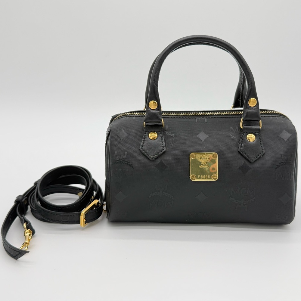MCM Visetos Logogram 2-Way Hand Bag – Black PVC Leather with Gold Hardware